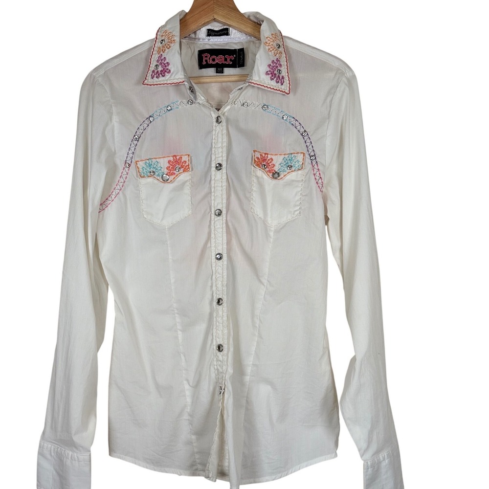 Roar Signature White Embroidered Western Snap Shirt Rhinestone‎ Medium Cowgirl